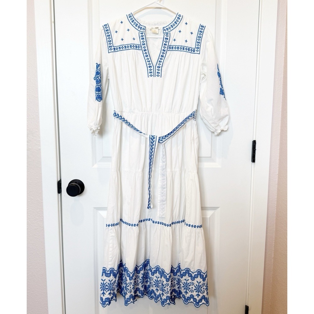Shoshanna White Embroidered Tiered‎ Midi Dress Size 4 Coastal Resort Euro Summer